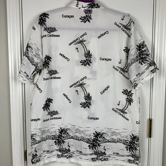 Island Expressions white short sleeved button down camp shirt medium black desig - Picture 7 of 7